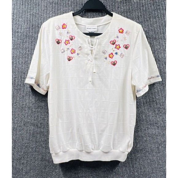 Alfred Dunner Tops - VTG Alfred Dunner Shirt Women Medium White Floral Embroidered Knit Top‎ Pullover